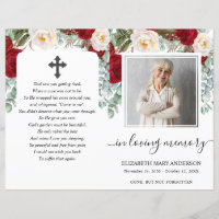 Red Floral Watercolor Photo Funeral Program
