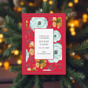 Red Floral Watercolor Roses Botanical Holiday Card