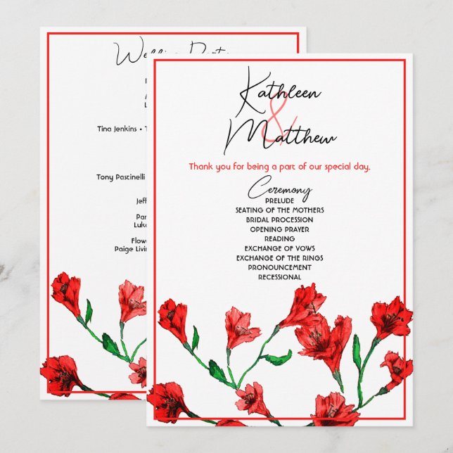 Red Floral Watercolor Wedding Programme (Front/Back)