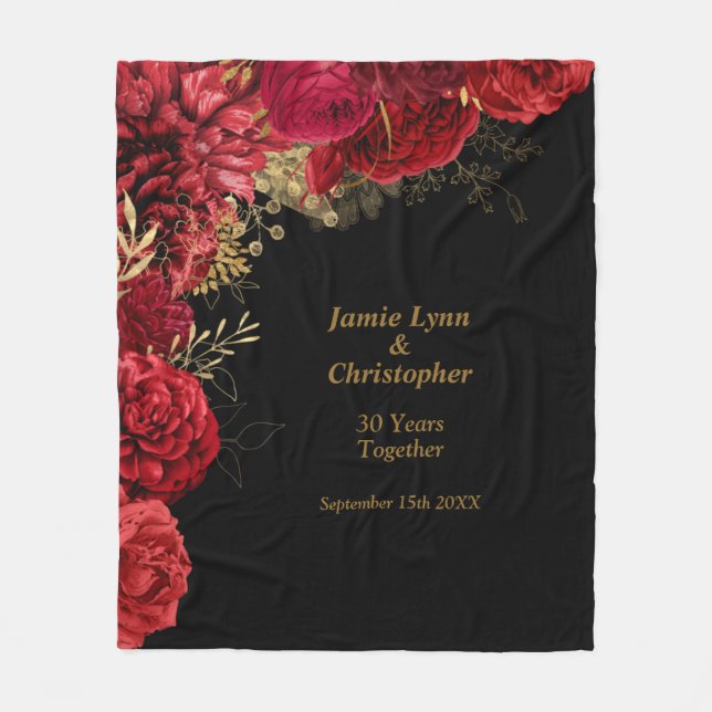 Red Floral Wedding Anniversary Fleece Blanket (Front)