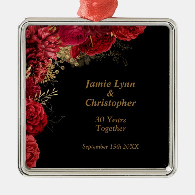 Red Floral Wedding Anniversary Metal Ornament (Front)