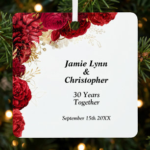 Red Floral Wedding Anniversary Metal Ornament
