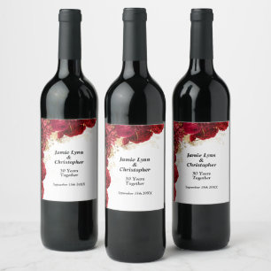 Red Floral Wedding Anniversary Wine Label