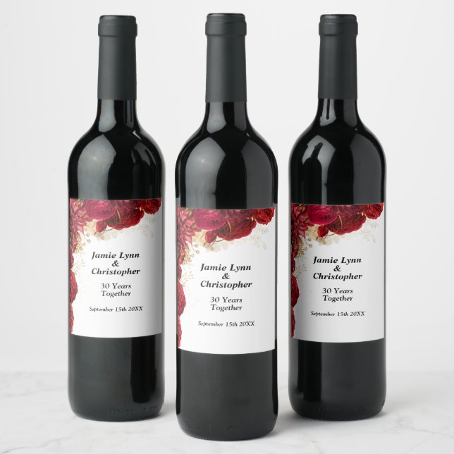 Red Floral Wedding Anniversary Wine Label (Bottles)