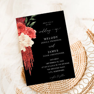 Red Floral Wedding - Black Invitation