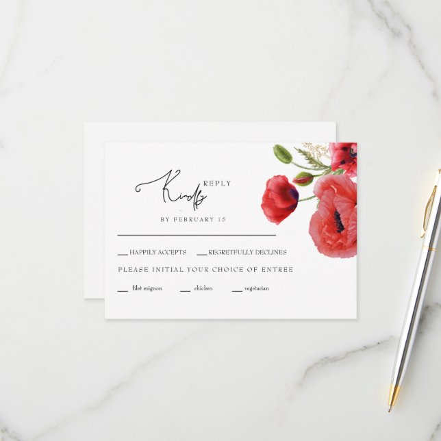Red Floral Wedding RSVP Card (Front/Back In Situ)
