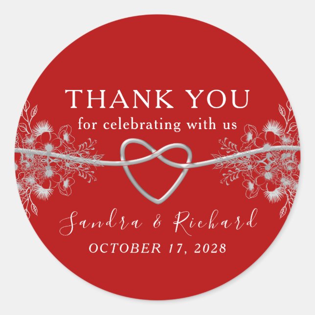 Red Floral Wedding Thank You Favour Classic Round Sticker (Front)