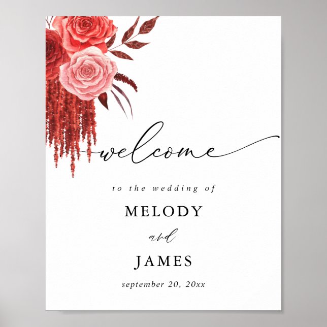 Red Floral Wedding Welcome Sign (Front)