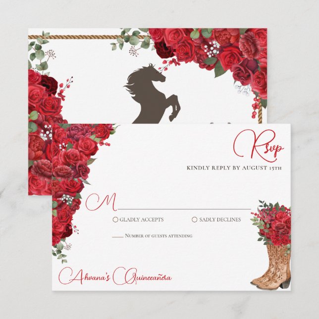 Red Floral Western Charro Quinceañera RSVP Card (Front/Back)