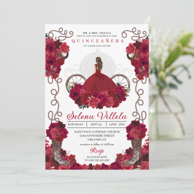 Red Floral Western Cowgirl Boots Quinceanera Invitation (Standing Front)