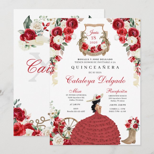 Red Floral Western Mariachi Charro Quinceañera Invitation (Front/Back)