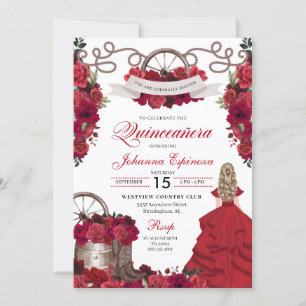 Red Floral Western Ranchero Quinceanera Invitation