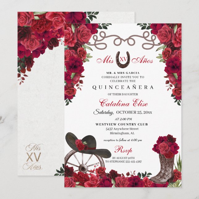 Red Floral Western Ranchero Quinceanera Invitation (Front/Back)