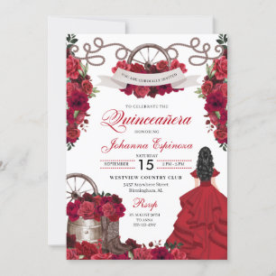 Red Floral Western Ranchero Quinceanera Invitation