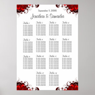 Red Floral & White 14 Wedding Table Seating Chart