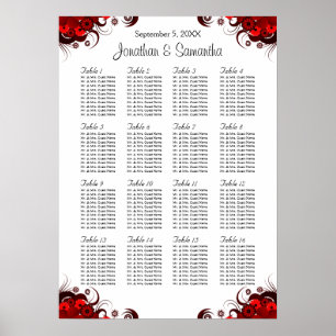 Red Floral & White 16 Wedding Tables Seating Chart