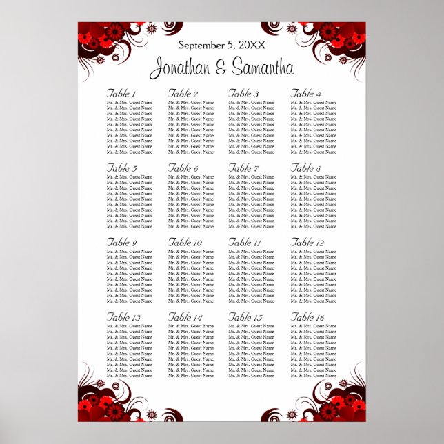 Red Floral & White 16 Wedding Tables Seating Chart (Front)