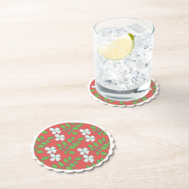  Red Floral White Blossoms & Green Leaves Paper Coaster (Insitu)