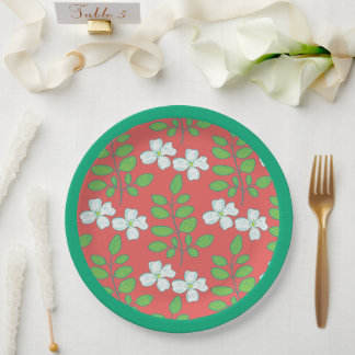  Red Floral White Blossoms & Green Leaves Paper Plate