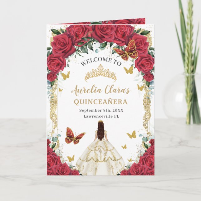 Red Floral White Dress Quinceañera Order of Events Programme (Front)