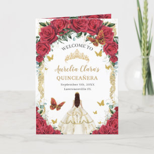 Red Floral White Dress Quinceañera Order of Events Programme