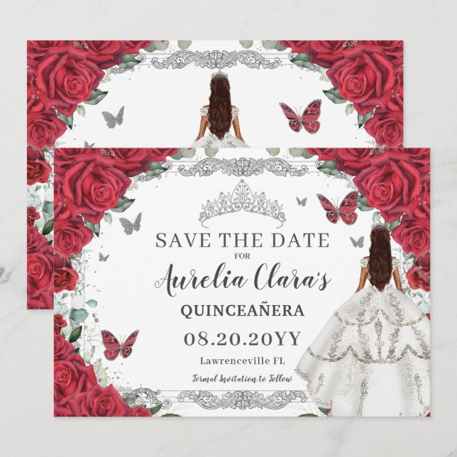 Red Floral White Gown Quinceanera Sweet Sixteen  Save The Date (Front/Back)