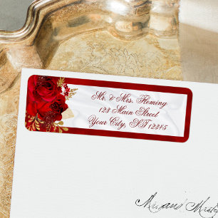Red Floral White Satin Wedding Return Address