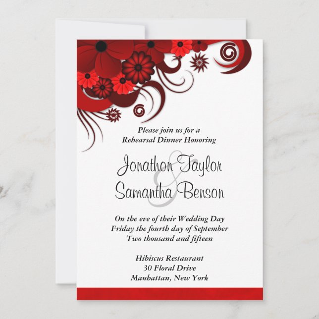 Red Floral White Wedding Rehearsal Dinner Invites (Front)