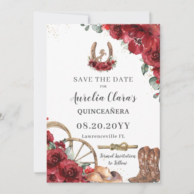 Red Floral Wild West Horse Charro Quinceañera  Save The Date (Front)