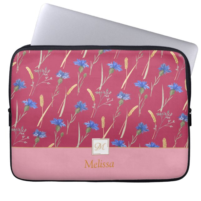 Red Floral Wildflower Monogram Laptop Sleeve (Front)