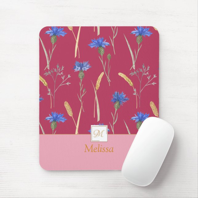 Red Floral Wildflower Monogram Mouse Mat (With Mouse)