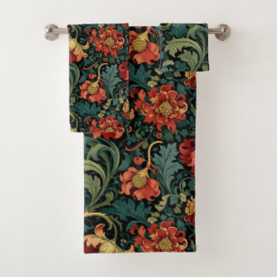 Red Floral William Morris print Bath Towel Set
