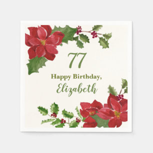 Red Floral Winter Greenery 77th Birthday Napkin