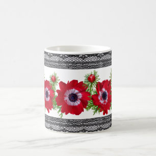 Red Floral With Black Lace Border Coffee Mug