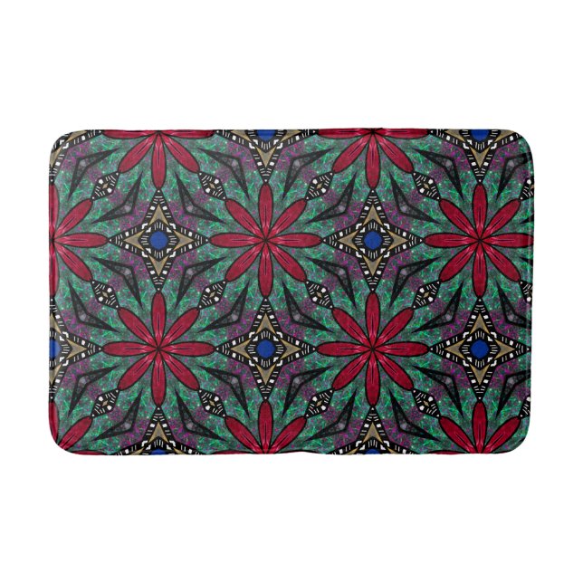 Red Floral With Green and Blue Bath Mat (Front)