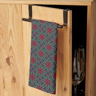 Red Floral With Green and Blue Tea Towel