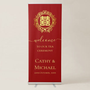 Red floral wreath chinese tea ceremony welcome retractable banner
