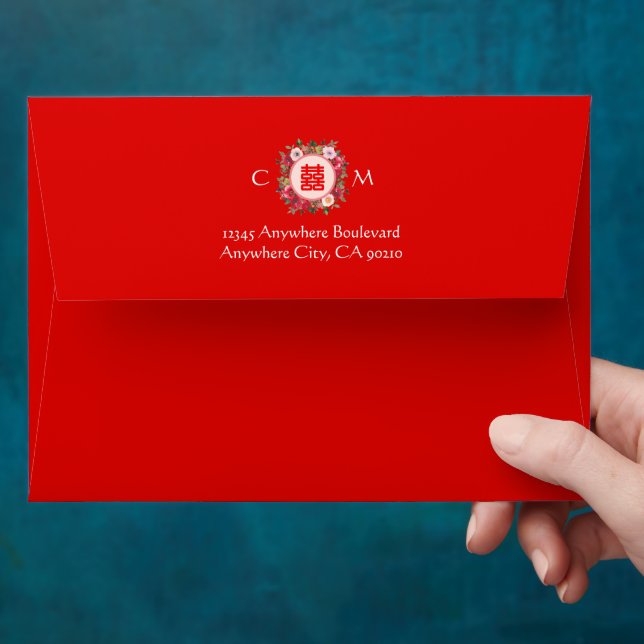 Red floral wreath Chinese wedding couple initials Envelope (Hand)