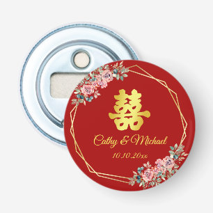 Red floral wreath chinese wedding double happiness bottle opener