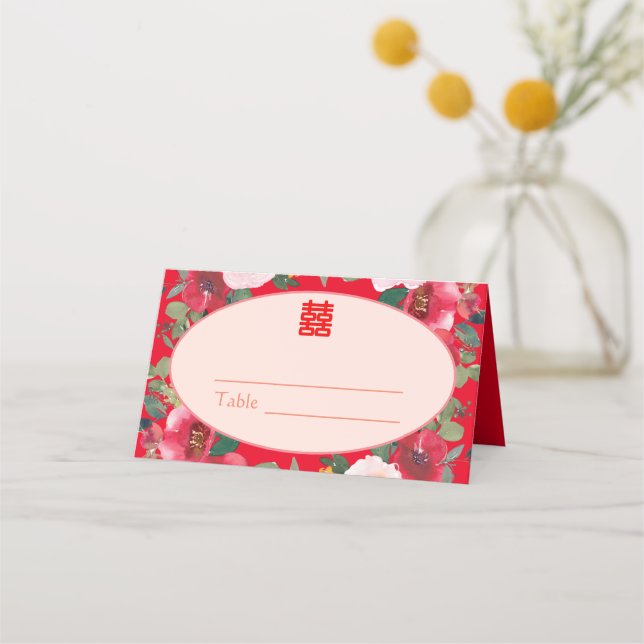 Red floral wreath Chinese wedding reception Place Card (Front)