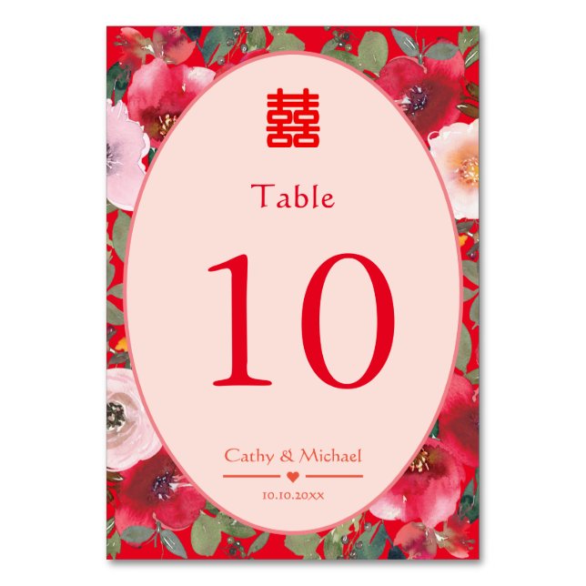 Red floral wreath Chinese wedding reception Table Number (Front)