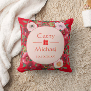 Red floral wreath Chinese wedding tea ceremony Cushion
