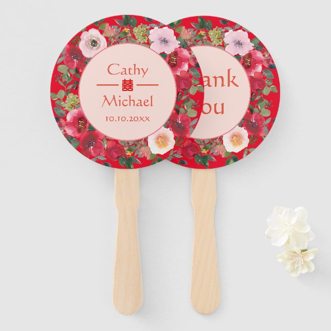Red floral wreath Chinese wedding thank you Hand Fan (Front and Back)
