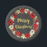 Red Floral Wreath Gold Chalkboard Christmas Plates<br><div class="desc">Merry Christmas paper plates with rustic chalkboard pattern,  red and white vintage floral wreath and gold colour text.</div>