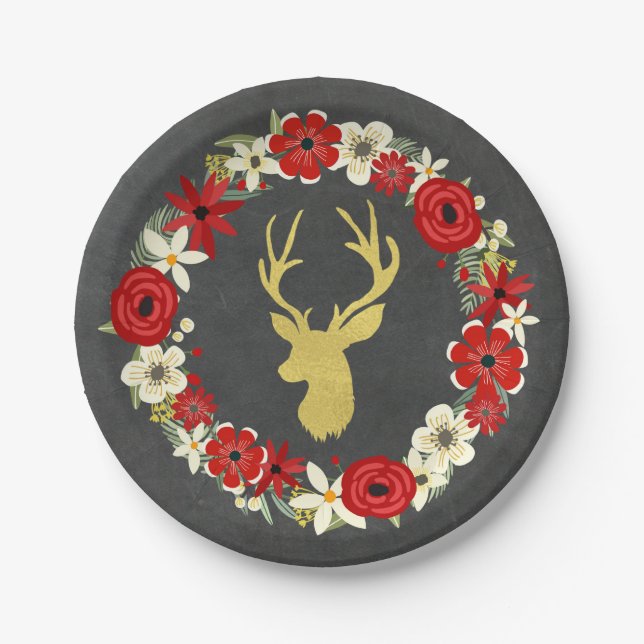 Red Floral Wreath Gold Deer Chalkboard Christmas Paper Plate (Front)