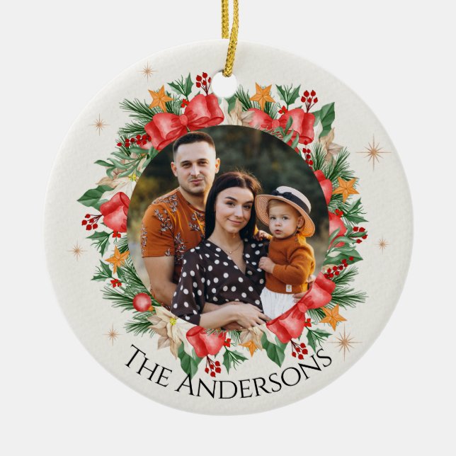 Red Florals Family Photo Merry Christmas Ceramic Tree Decoration (Front)