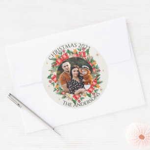 Red Florals Family Photo Merry Christmas Classic Round Sticker