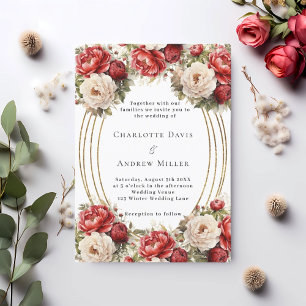 Red florals gold frame wedding invitation