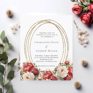 Red florals gold frame wedding invitation