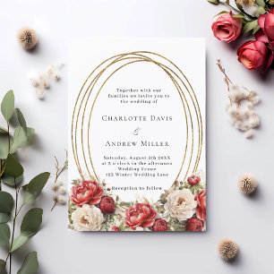 Red florals gold frame wedding invitation